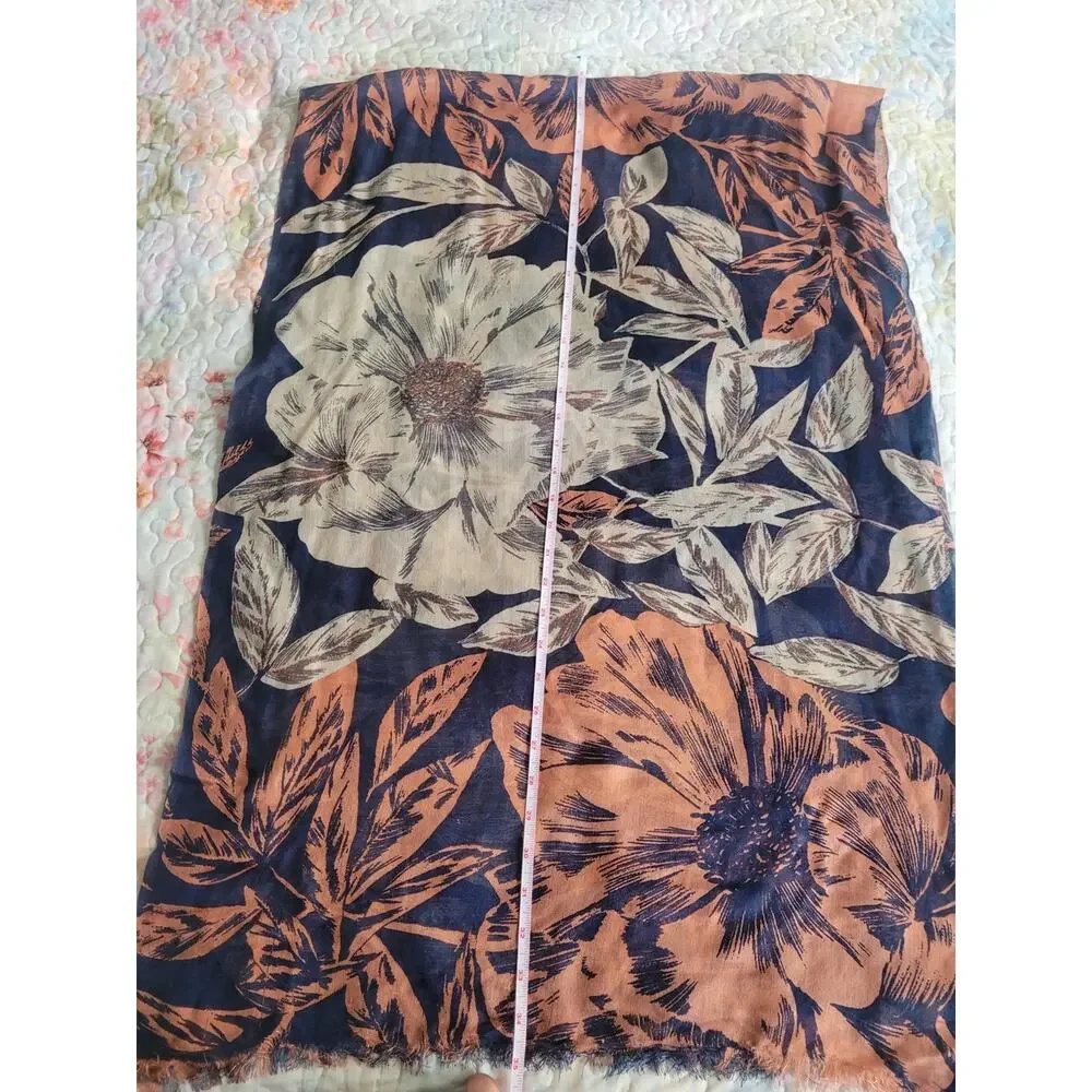 Floral Navy Rust Cream Oversized Scarf Wrap Shawl Lightweight Boho 70x23.5